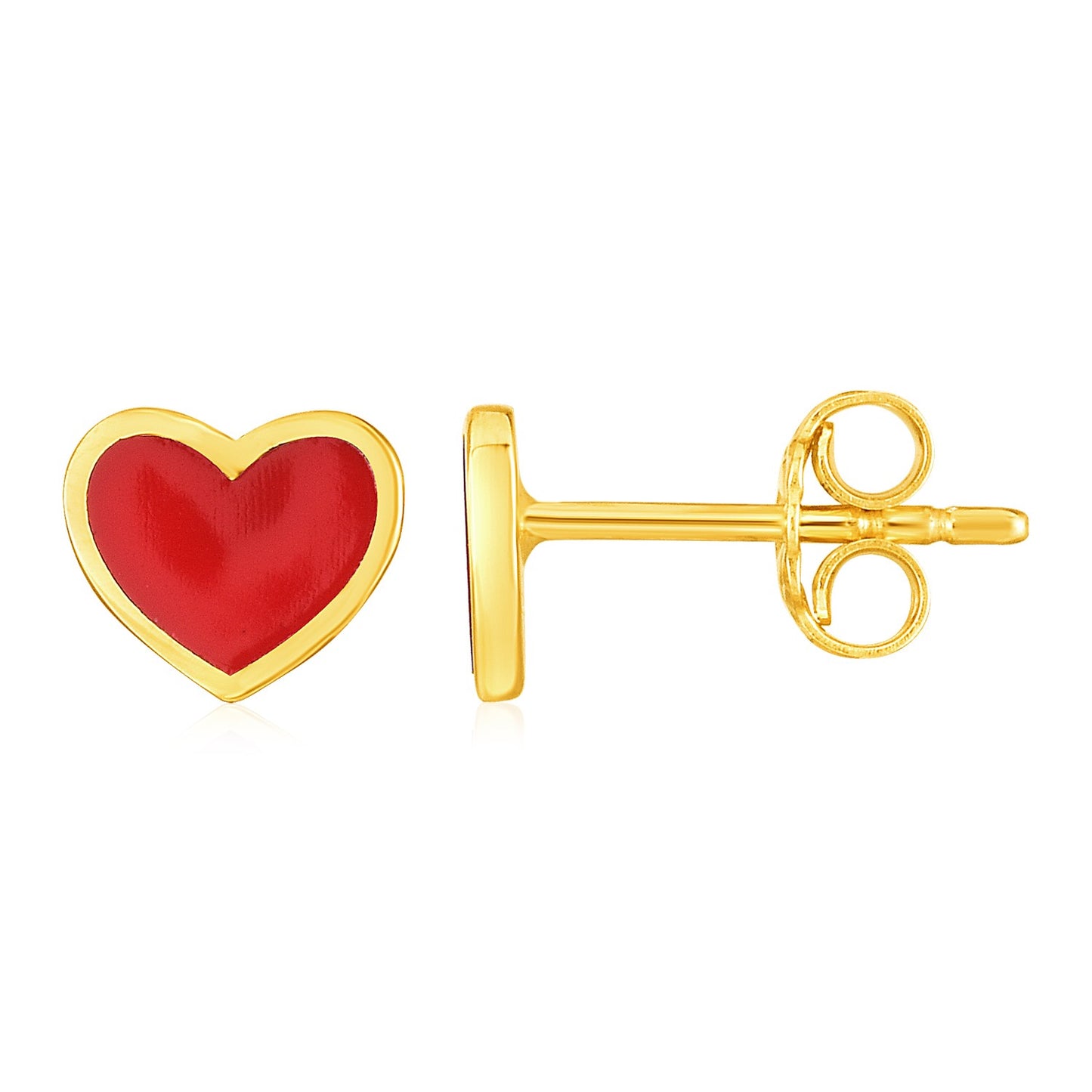 14k Yellow Gold and Enamel Red Heart Stud Earrings