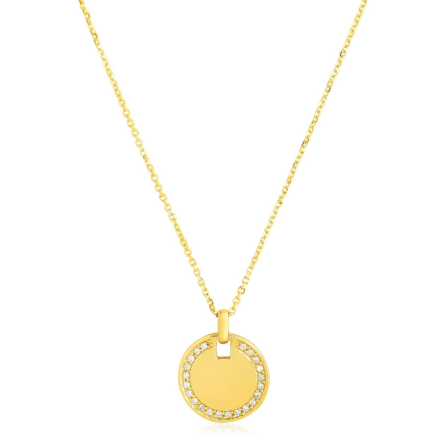 14k Yellow Gold High Polish Diamond Round Disc Tag Necklace