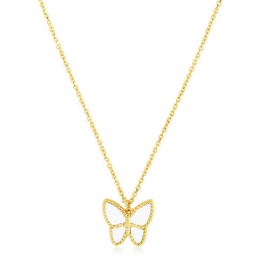 14k Yellow Gold High Polish Butterfly Peral Paste Necklace